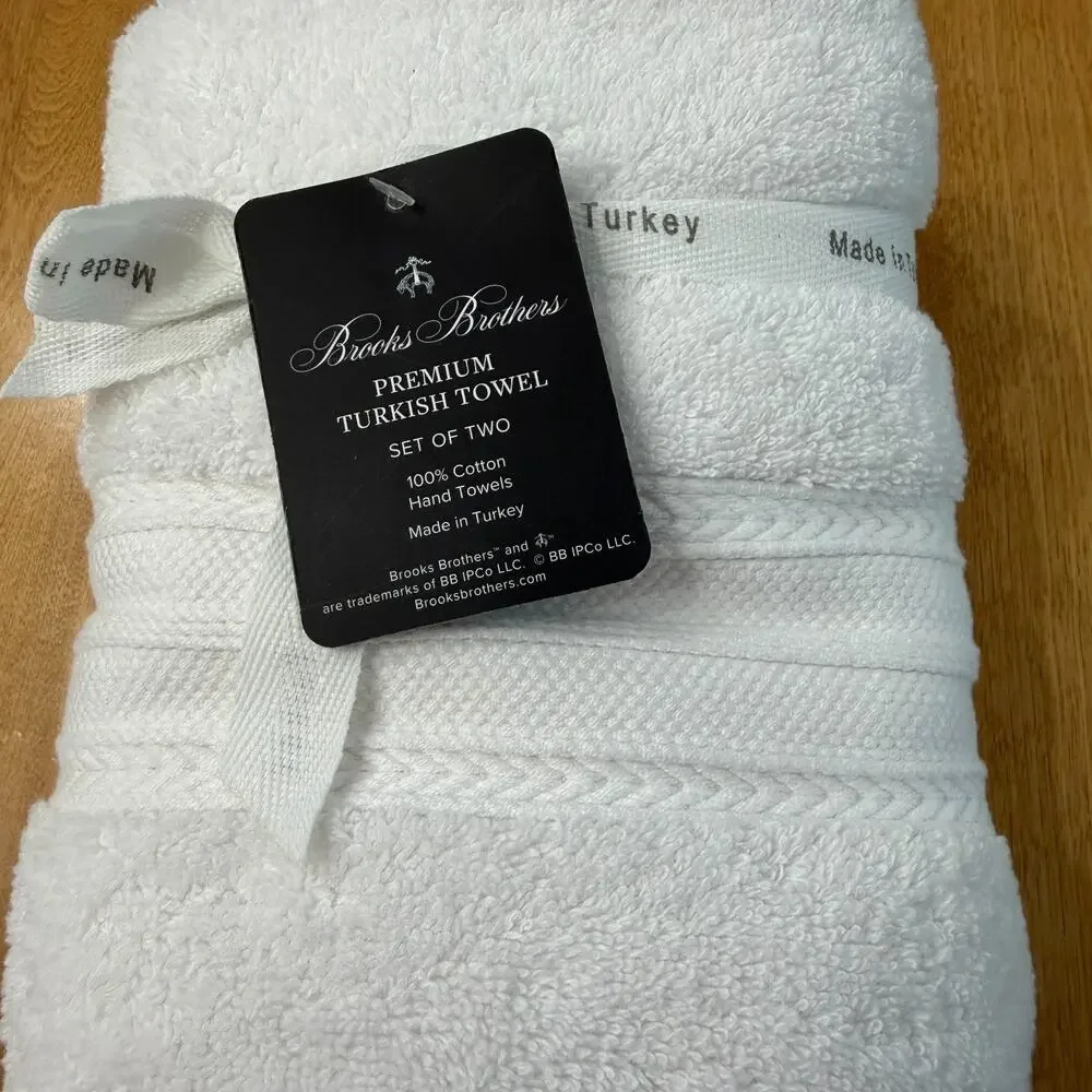 Brooks Brothers Premium Turkish Cotton Hand Towels Set of 2 White Plush Spa NWT